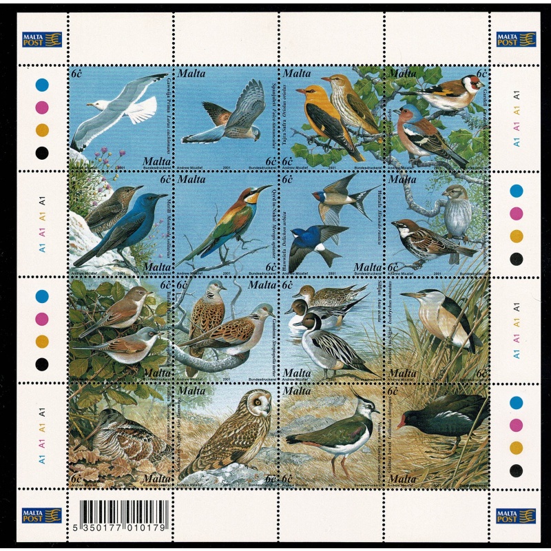 Malta 2001. Maltese Birds. Complete Sheetlet of 16. SG 1214/29.