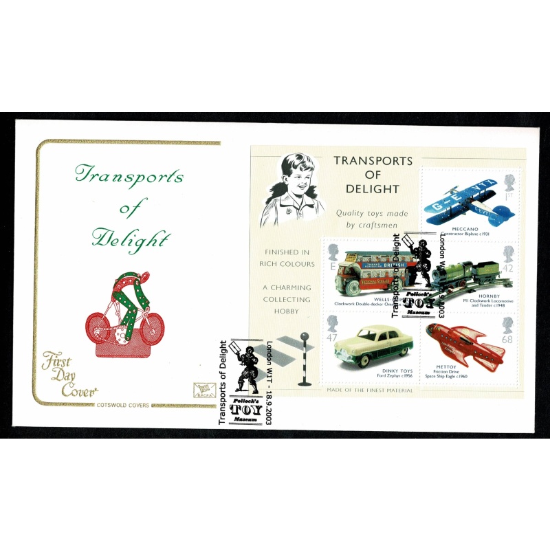 2003 Transports of Delight. Miniature Sheet. Cotswold FDC. Pollock's Toy Museum Special Handstamp.