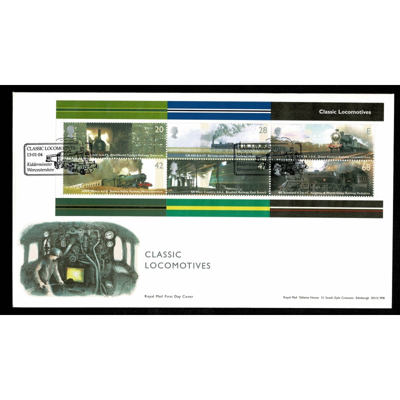 2004 Classic Locomotives. Miniature Sheet FDC. Kidderminster, Worcestershire Special Handstamp.