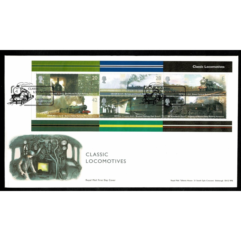 2004 Classic Locomotives. Miniature Sheet FDC. Loughborough, Leicestershire Special Handstamp.