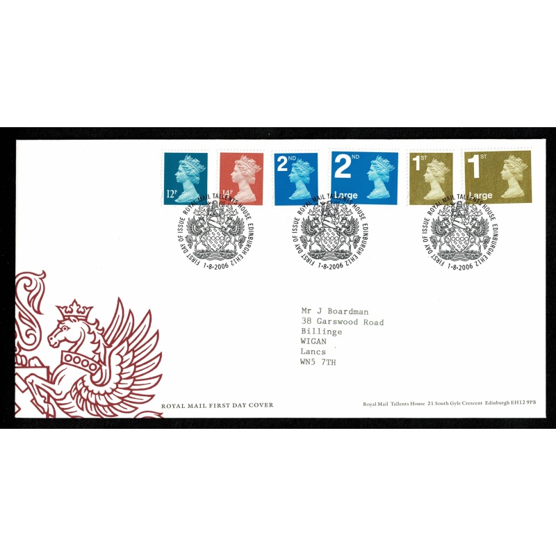 2006 Pricing in Proportion 2nd Small, 2nd Large, 1st Small, 1st Large, 12p, 14p. Tallents House  FDI Handstamp. 1st August 2006