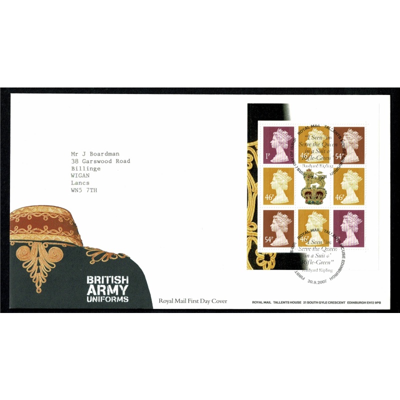 Pair of Covers. 2007 Military Uniforms, British Army. Set of 6 values & Prestige Book s/t pane. Tallents House FDI Handstamp. 20th September 2007