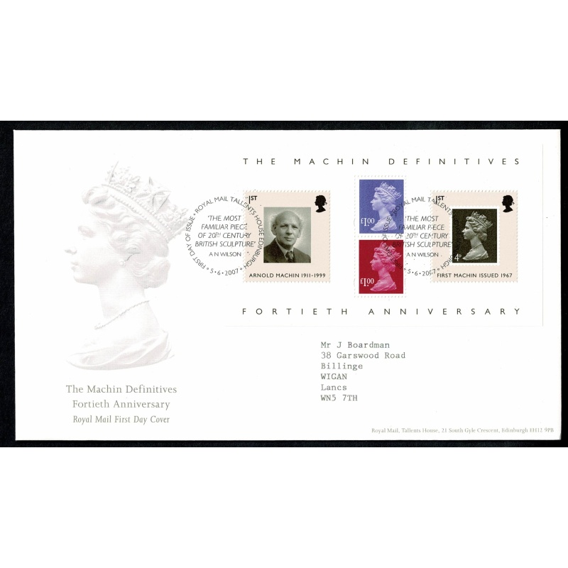 Pair of Covers. 2002 40th Anniversary of First Machin Definitives. Miniature Sheet & Prestige Book S/t pane.. Tallents House FDI Handstamp. 5th June 2007