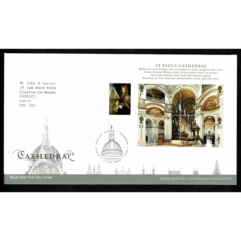 Pair of Covers. 2008 Cathedrals. Set of 6 values & Miniature Sheet. London EC4 FDI Handstamp 13th May 2008