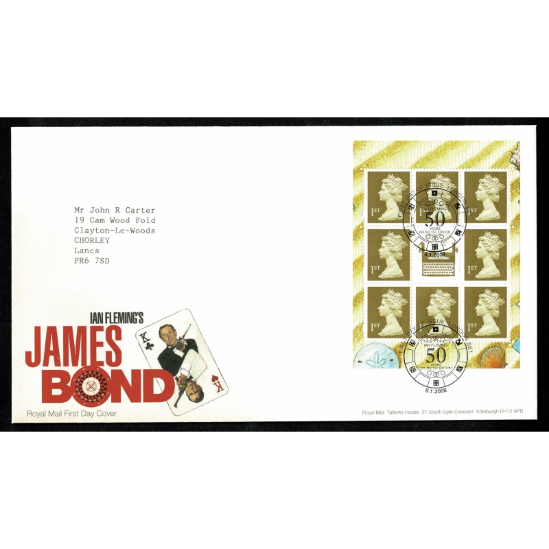 Set of 3 Covers. 2008  Ian Fleming. Set of 6 values, Miniature Sheet & PB Pane. London SE1 FDI Handstamp 8th January 2008