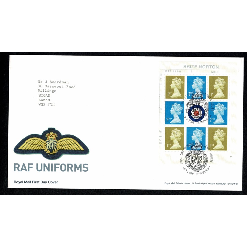 Pair of Covers. 2008 Military Uniforms, RAF. Set of 6 values & Prestige Book s/t pane. Tallents House FDI Handstamp 18th September 2008