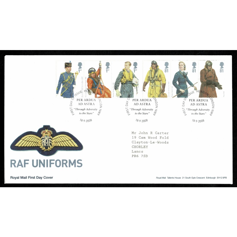 Pair of Covers. 2008 Military Uniforms, RAF. Set of 6 values & Prestige Book s/t pane. Hendon London NW9 FDI Handstamp 18th September 2008