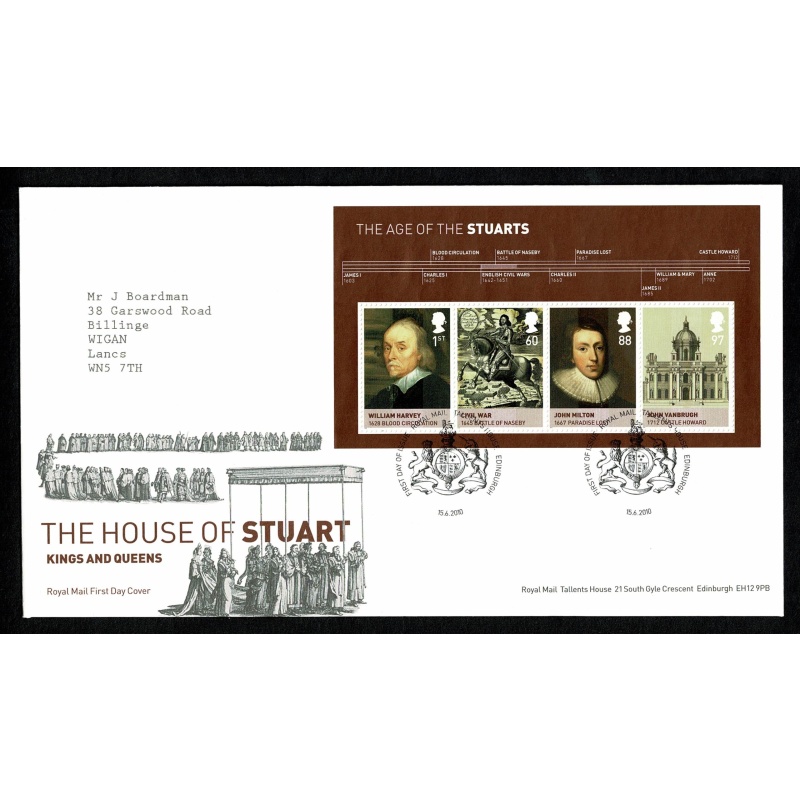 Pair of Covers. 2010 House of Stuart. Set of 7 values & Miniature Sheet. Tallents House FDI Handstamp 15th June 2010