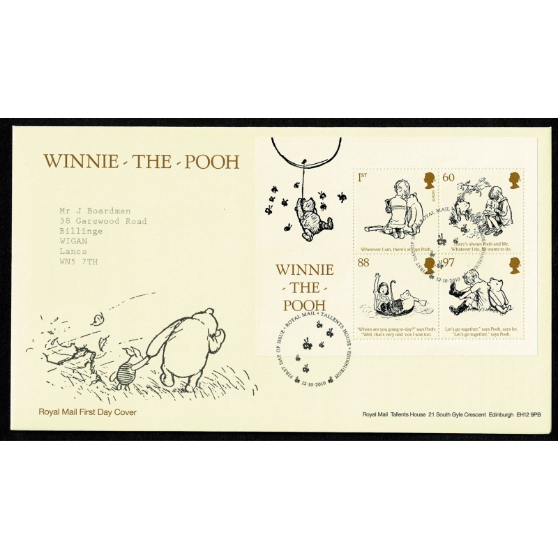 2010 Pair of covers. Europa. Winnie-The-Pooh set of 6 values & Miniature Sheet. Tallents House FDI Handstamp. 12th October 2010