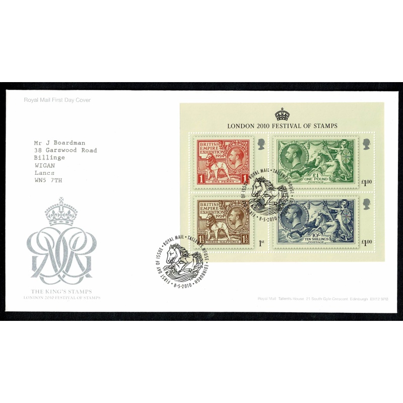 Pair of Covers. 2010 George V Accession Miniature Sheets 1 & 2. Tallents House FDI Handstamps