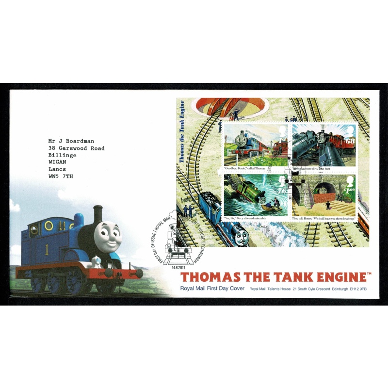 Pair of Covers. 2011 Thomas the Tank Engine Set of 6 values & Miniature Sheet. Tallents House FDI Handstamp 14th June 2011