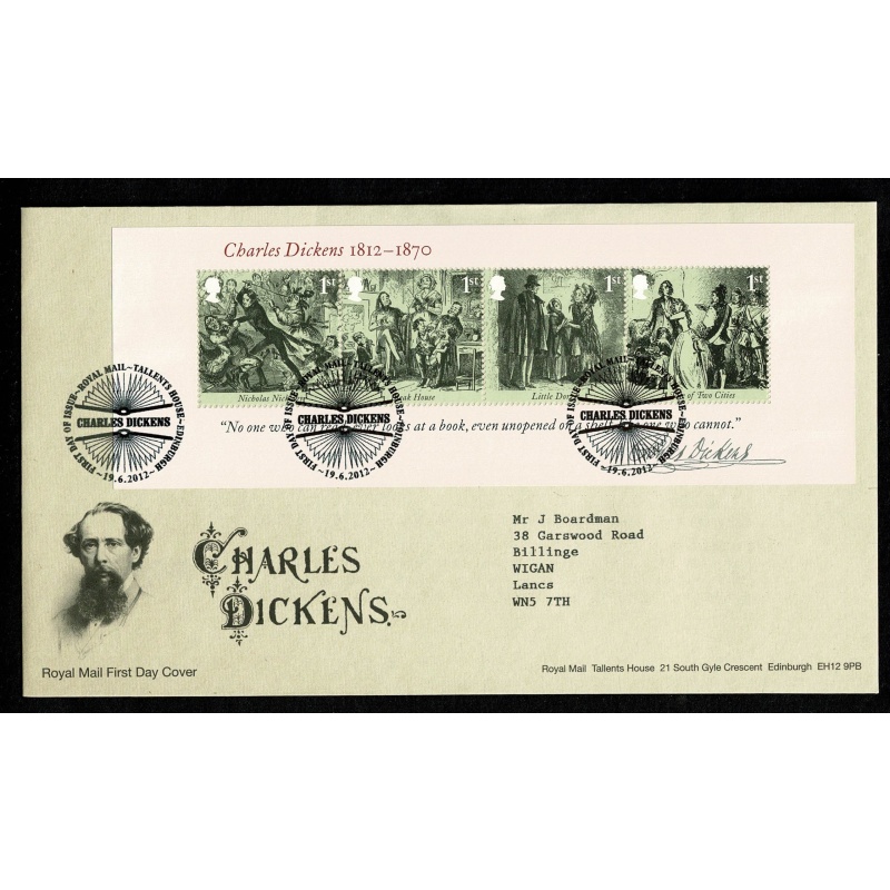 Pair of Covers. 2012 Dickens Birth Bicentenary. Set of 6 values & Miniature Sheet. Tallents House FDI Handstamp. 19th June 2012