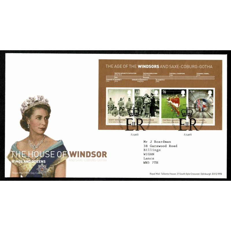 Pair of Covers. 2012 House of Windsor. Set of 5 values & Miniature Sheet. Tallents House FDI Handstamp 2nd February 2012