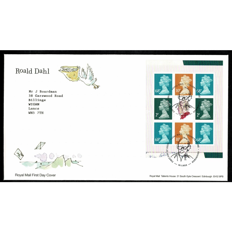 3 Covers. 2012 Roald Dahl. Set of 6 values,  Miniature Sheet & Prestige Book s/t pane. Tallents House FDI Handstamp. 10th January 2012