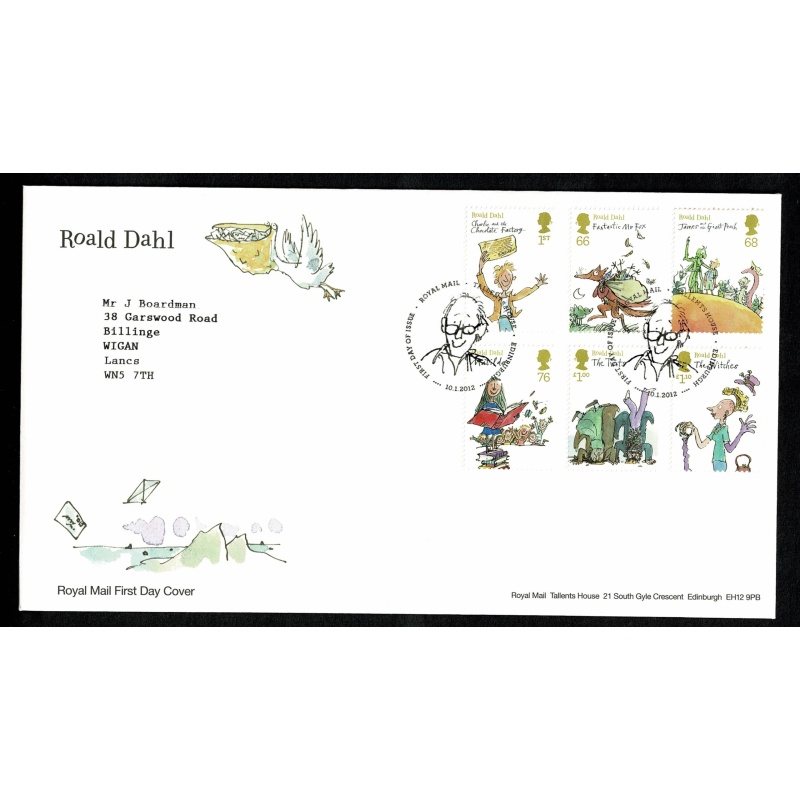 3 Covers. 2012 Roald Dahl. Set of 6 values,  Miniature Sheet & Prestige Book s/t pane. Tallents House FDI Handstamp. 10th January 2012