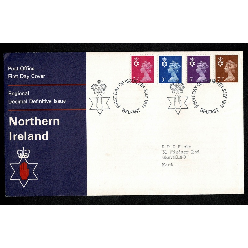 Set of 4 FDC. Four regions FDI 2½p, 3p, 5p, 7½p 7th July 1971. Regional Handstamps