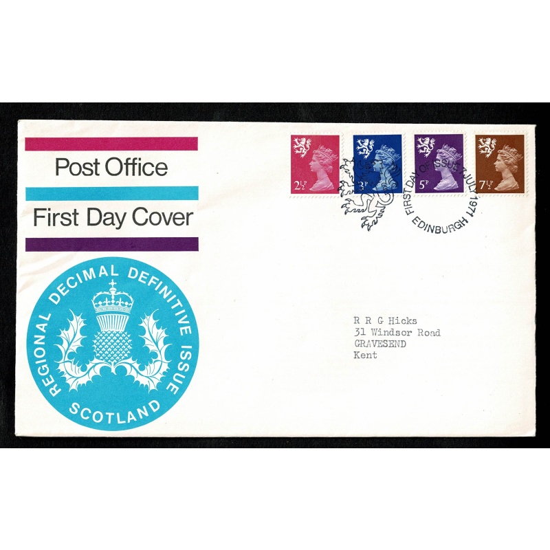 Set of 4 FDC. Four regions FDI 2½p, 3p, 5p, 7½p 7th July 1971. Regional Handstamps