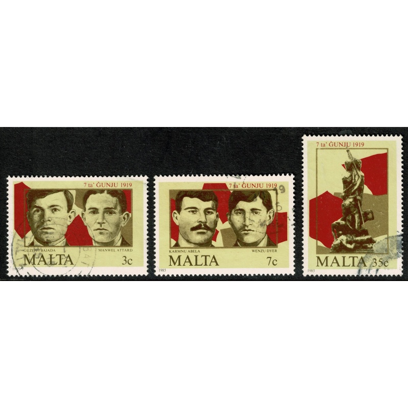 Malta. 1985 1919 Demonstrations. Set of 3 values. Used. SG 761-763