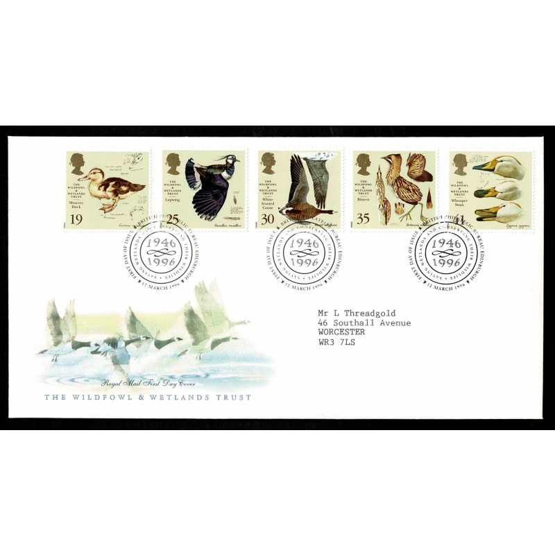 1996 Wildfowl * Wetlands Trust FDC. Set of 5 values. Philatelic Bureau Handstamp.