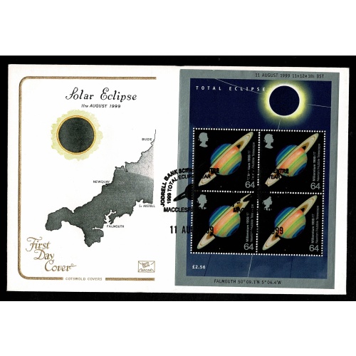 1999 Total Eclipse FDC. Cotswold Cover Jodrell Bank, Macclesfield Handstamp