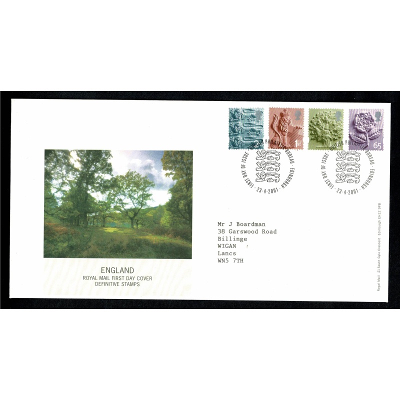 England. 2nd, 1st, E, 65p Pictorial Regionals. "Philatelic Bureau" FDI Handstamp. 23rd April 2001