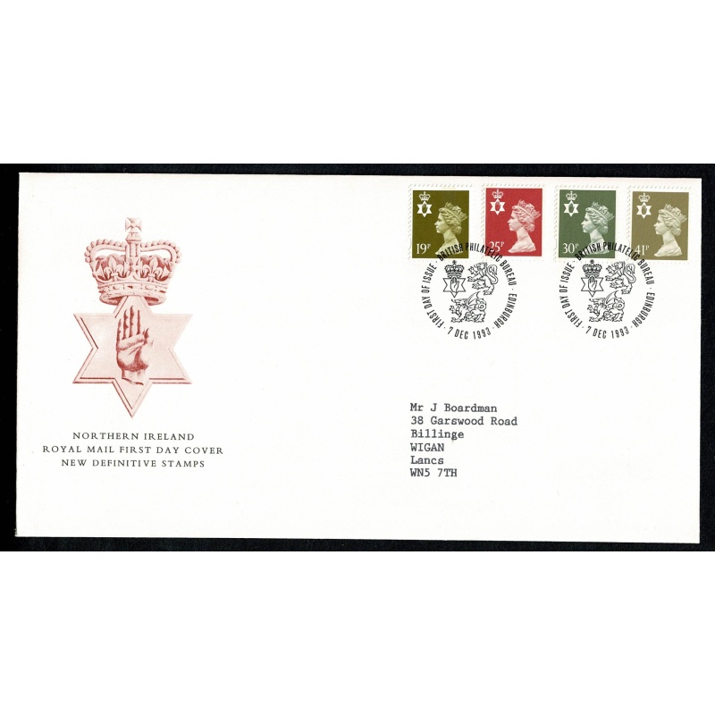 Set of 3 covers for regions. 19p, 25p, 30p, 41p Machin Regionals. "Philatelic Bureau" FDI Handstamp. 7th December 1993