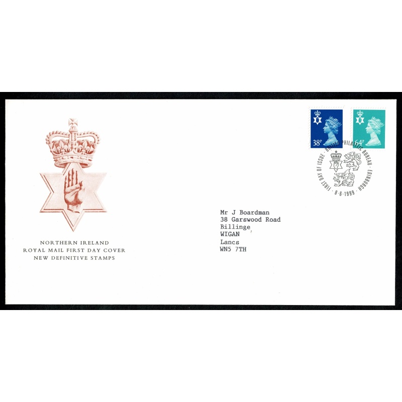 N.Ireland cover for 38p & 64p Machin Regionals. "Philatelic Bureau" FDI Handstamp. 8th June 1999