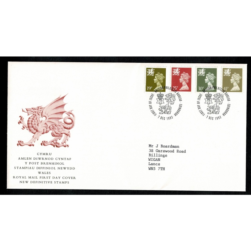 Set of 3 covers for regions. 19p, 25p, 30p, 41p Machin Regionals. "Philatelic Bureau" FDI Handstamp. 7th December 1993