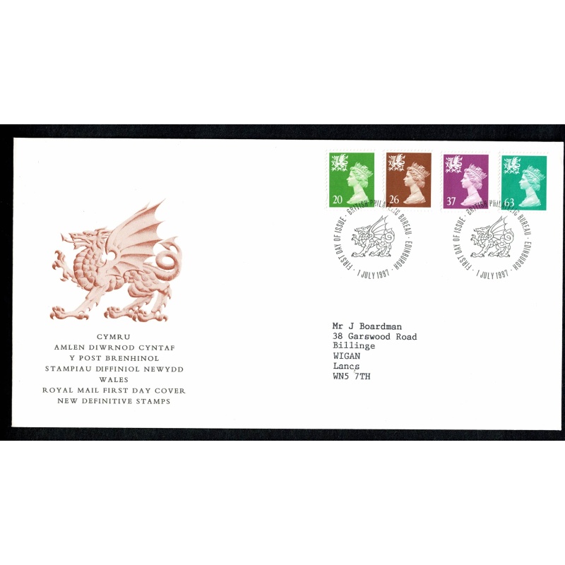 Wales cover for 20, 26, 37, 63 "dropped "p" Machin Regionals. "Philatelic Bureau" FDI Handstamp.  1st July 1997