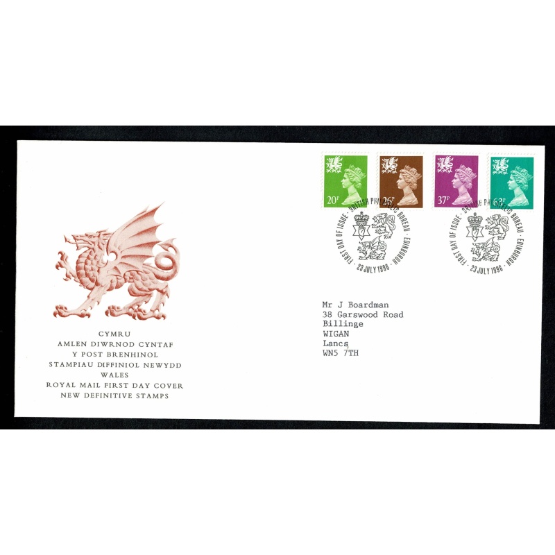 Set of 3 covers for regions. 20p, 26p, 37p, 63p Machin Regionals. "Philatelic Bureau" FDI Handstamp. 23rd July 1996